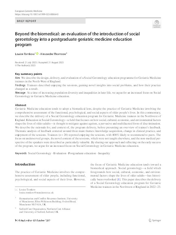 Beyond the biomedical: an evaluation of the introduction of social gerontology into a postgraduate geriatric medicine education program. Thumbnail