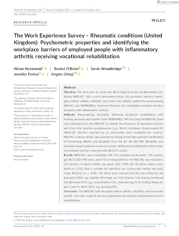 The Work Experience Survey – Rheumatic conditions (United Kingdom): Psychometric properties and identifying the workplace barriers of employed people with inflammatory arthritis receiving vocational rehabilitation Thumbnail