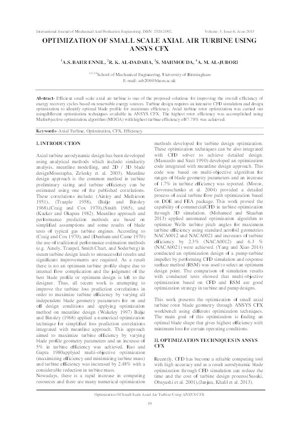 Optimization Of Small Scale Axial Air Turbine Using ANSYS CFX Thumbnail