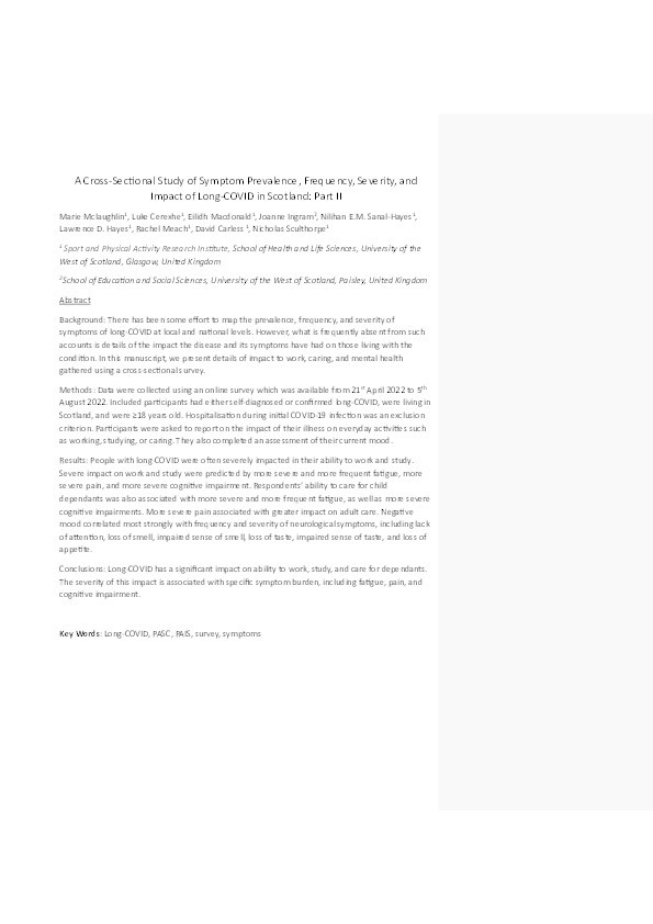 A Cross-Sectional Study of Symptom Prevalence, Frequency, Severity, and Impact of Long COVID in Scotland: Part II Thumbnail