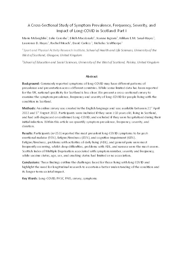 A Cross-Sectional Study of Symptom Prevalence, Frequency, Severity, and Impact of Long-COVID in Scotland: Part I Thumbnail