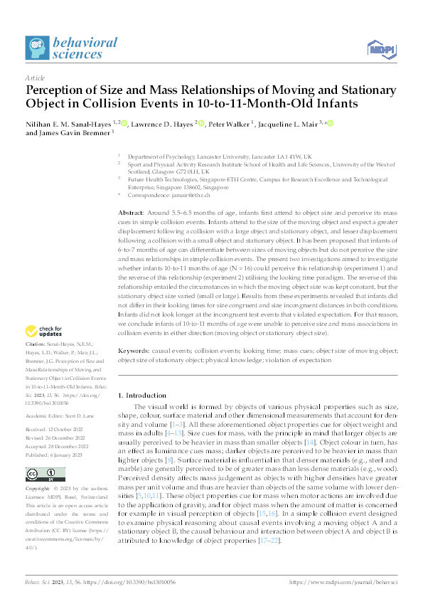 Perception of Size and Mass Relationships of Moving and Stationary Object in Collision Events in 10-to-11-Month-Old Infants Thumbnail