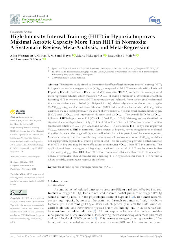 High-Intensity Interval Training (HIIT) in Hypoxia Improves Maximal Aerobic Capacity More Than HIIT in Normoxia: A Systematic Review, Meta-Analysis, and Meta-Regression Thumbnail