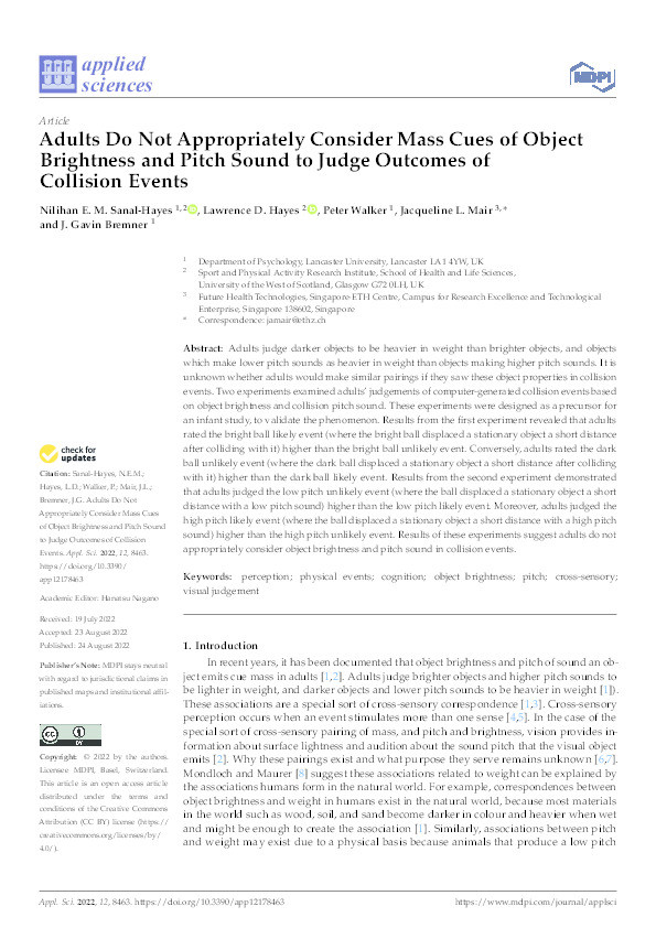 Adults Do Not Appropriately Consider Mass Cues of Object Brightness and Pitch Sound to Judge Outcomes of Collision Events Thumbnail