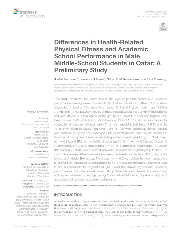 Differences in Health-Related Physical Fitness and Academic School Performance in Male Middle-School Students in Qatar: A Preliminary Study Thumbnail