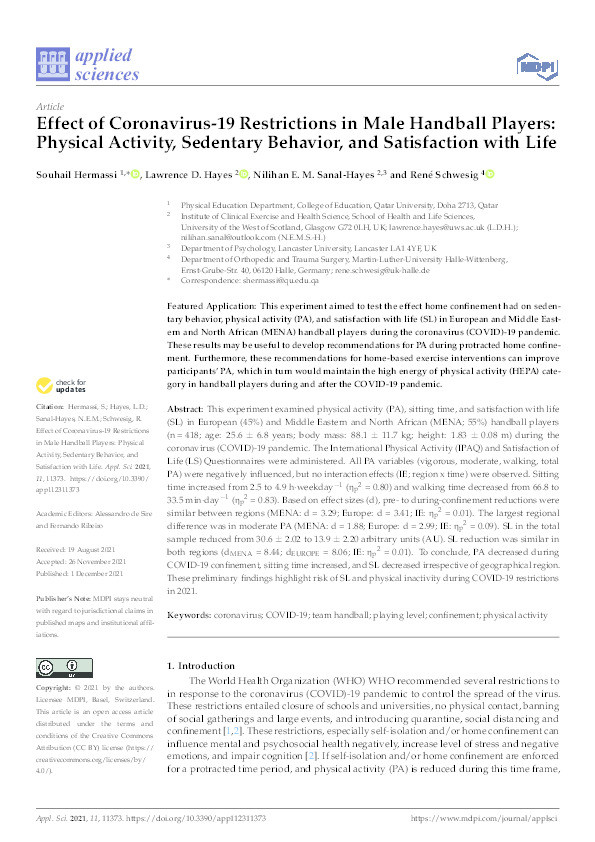 Effect of Coronavirus-19 Restrictions in Male Handball Players: Physical Activity, Sedentary Behavior, and Satisfaction with Life Thumbnail
