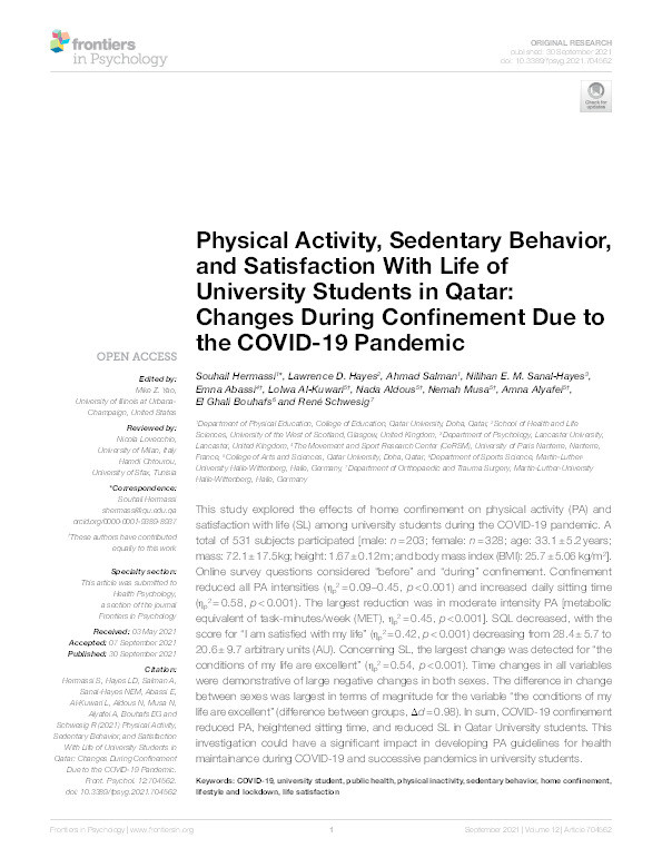 Physical Activity, Sedentary Behavior, and Satisfaction With Life of University Students in Qatar: Changes During Confinement Due to the COVID-19 Pandemic Thumbnail