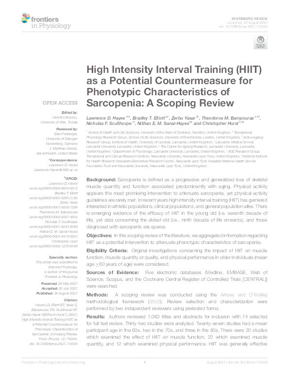 High Intensity Interval Training (HIIT) as a Potential Countermeasure for Phenotypic Characteristics of Sarcopenia: A Scoping Review Thumbnail