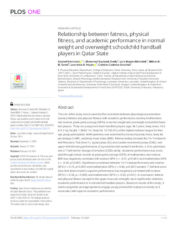 Relationship between fatness, physical fitness, and academic performance in normal weight and overweight schoolchild handball players in Qatar State Thumbnail