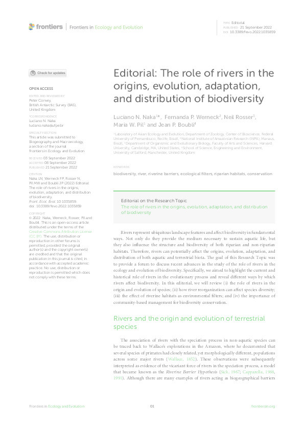 Editorial: The role of rivers in the origins, evolution, adaptation, and distribution of biodiversity Thumbnail