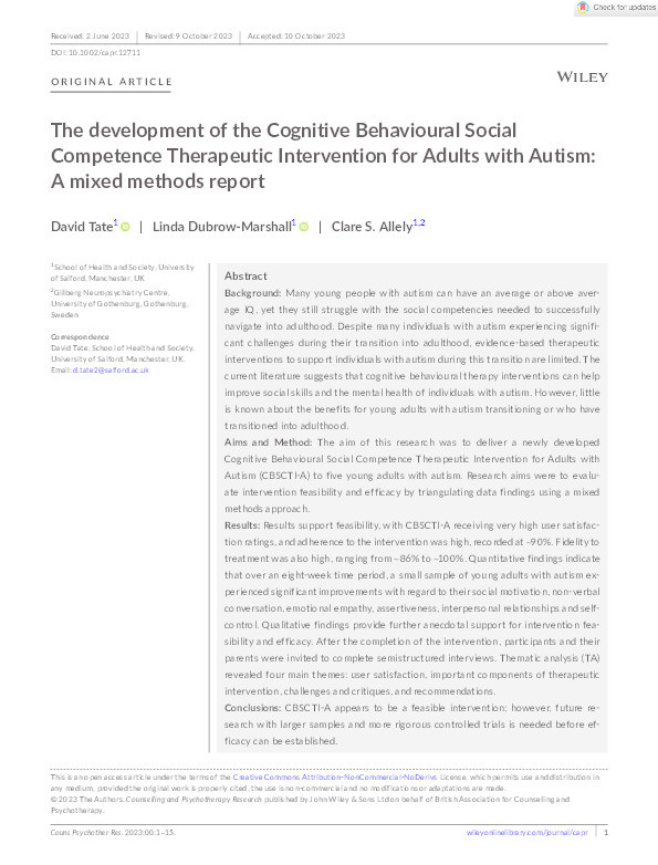 The development of the Cognitive Behavioural Social Competence Therapeutic Intervention for Adults with Autism: A mixed methods report Thumbnail