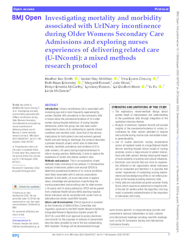 Investigating mortality and morbidity associated with UrINary incontinence during Older Womens Secondary Care Admissions and exploring nurses experiences of delivering related care (U-INconti): a mixed methods research protocol Thumbnail