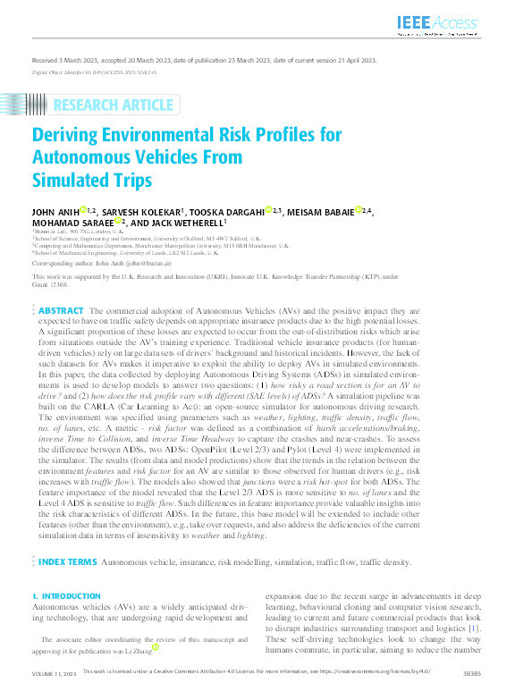 Deriving Environmental Risk Profiles for Autonomous Vehicles From Simulated Trips Thumbnail