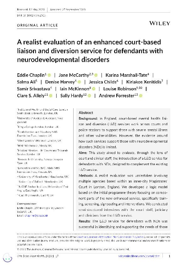 A realist evaluation of an enhanced court‐based liaison and diversion service for defendants with neurodevelopmental disorders Thumbnail