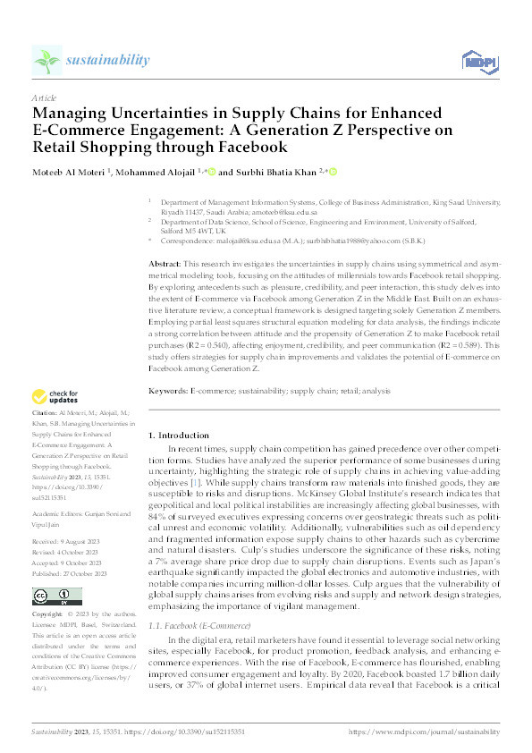Managing Uncertainties in Supply Chains for Enhanced E-Commerce Engagement: A Generation Z Perspective on Retail Shopping through Facebook Thumbnail
