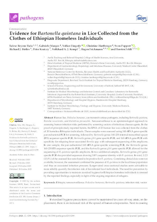 Evidence for Bartonella quintana in Lice Collected from the Clothes of Ethiopian Homeless Individuals Thumbnail