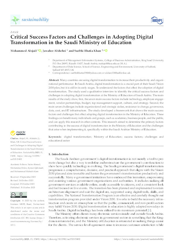 Critical Success Factors and Challenges in Adopting Digital Transformation in the Saudi Ministry of Education Thumbnail