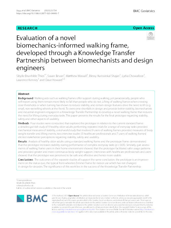 Evaluation of a novel biomechanics-informed walking frame, developed through a Knowledge Transfer Partnership between biomechanists and design engineers Thumbnail