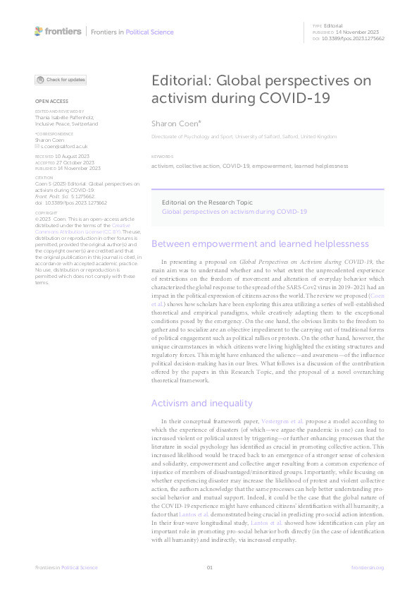 Editorial: Global perspectives on activism during COVID-19 Thumbnail