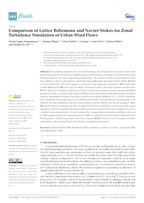 Comparison of Lattice Boltzmann and Navier-Stokes for Zonal Turbulence Simulation of Urban Wind Flows Thumbnail