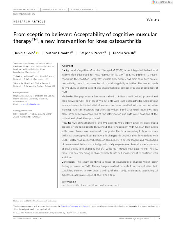 From sceptic to believer: Acceptability of cognitive muscular therapy TM, a new intervention for knee osteoarthritis Thumbnail