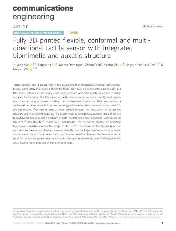 Fully 3D printed flexible, conformal and multi-directional tactile sensor with integrated biomimetic and auxetic structure Thumbnail