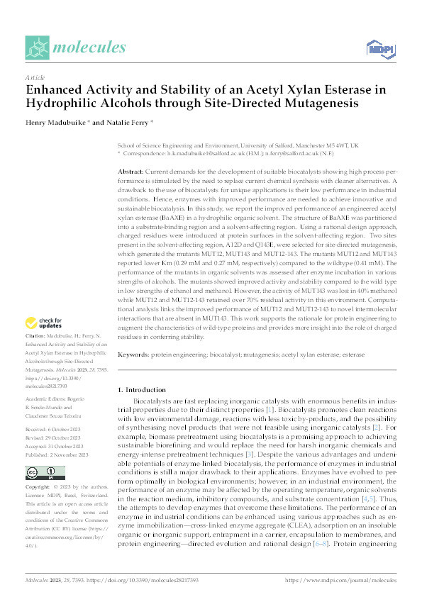 Enhanced Activity and Stability of an Acetyl Xylan Esterase in Hydrophilic Alcohols through Site-Directed Mutagenesis Thumbnail