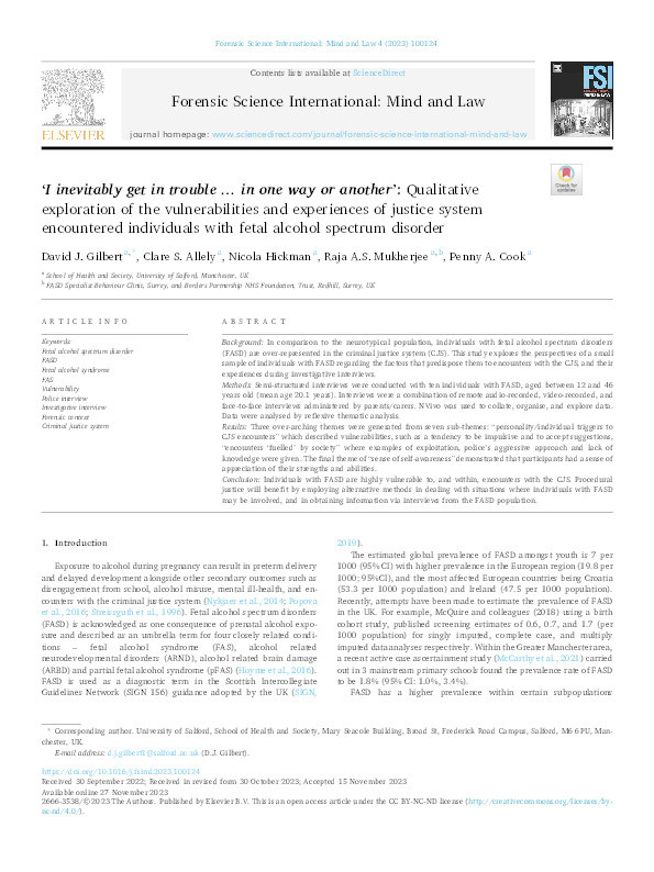 ‘I inevitably get in trouble…in one way or another’: qualitative exploration of the vulnerabilities and experiences of justice system encountered individuals with fetal alcohol spectrum disorder. Thumbnail