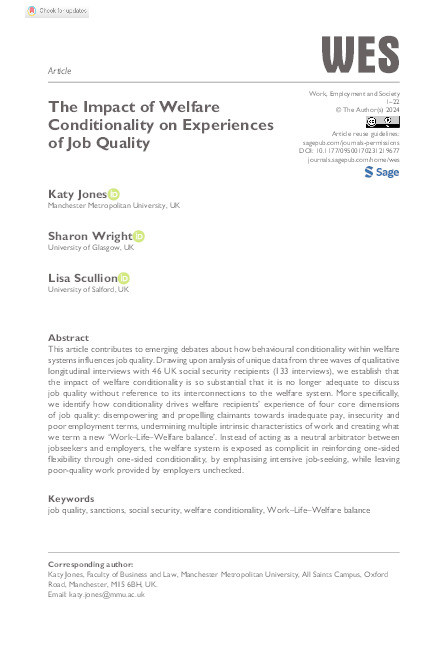 The Impact of Welfare Conditionality on Experiences of Job Quality Thumbnail
