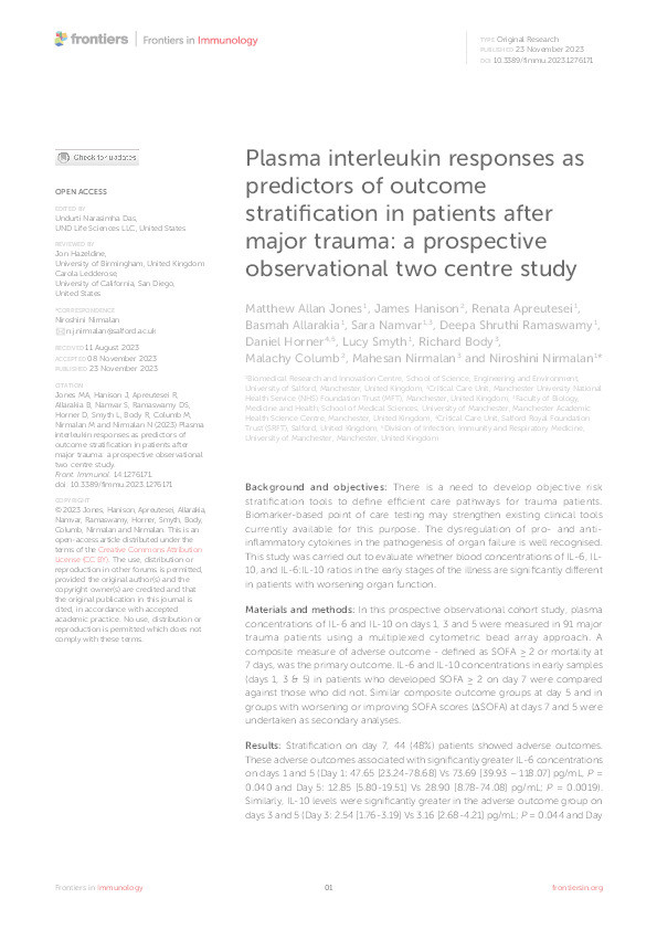Plasma interleukin responses as predictors of outcome stratification in patients after major trauma: a prospective observational two centre study Thumbnail