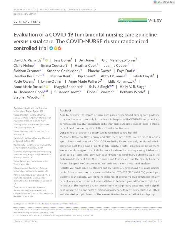 Evaluation of a COVID ‐19 fundamental nursing care guideline versus usual care: The COVID‐NURSE cluster randomized controlled trial Thumbnail