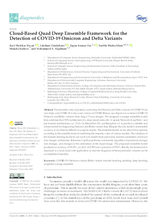 Cloud-Based Quad Deep Ensemble Framework for the Detection of COVID-19 Omicron and Delta Variants Thumbnail