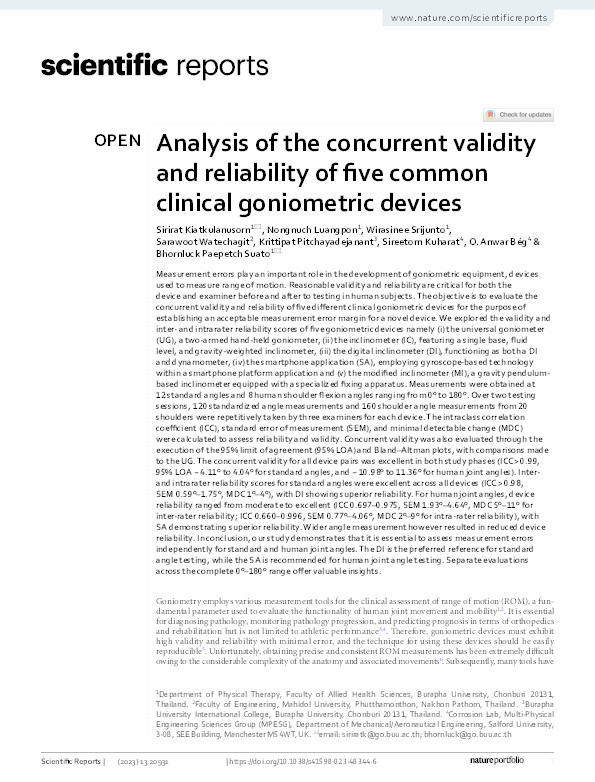 Analysis of the concurrent validity and reliability of five common clinical goniometric devices Thumbnail