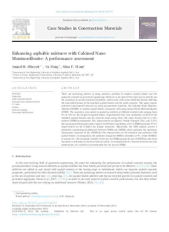 Enhancing asphaltic mixtures with Calcined Nano Montmorillonite: A performance assessment Thumbnail