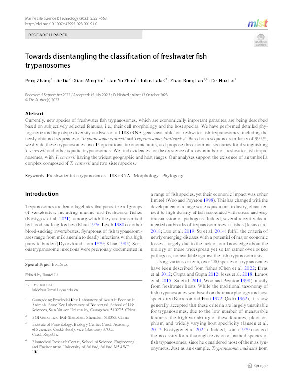 Towards disentangling the classification of freshwater fish trypanosomes Thumbnail