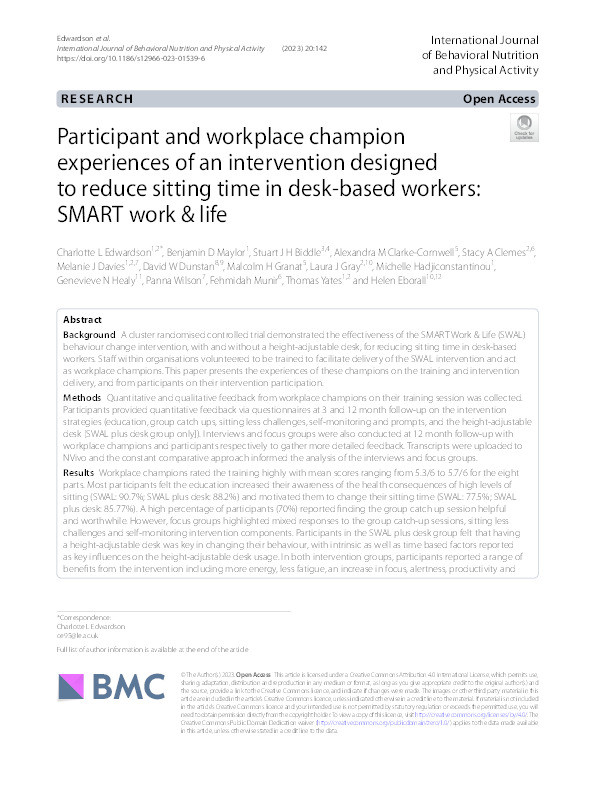 Participant and workplace champion experiences of an intervention designed to reduce sitting time in desk-based workers: SMART work & life Thumbnail