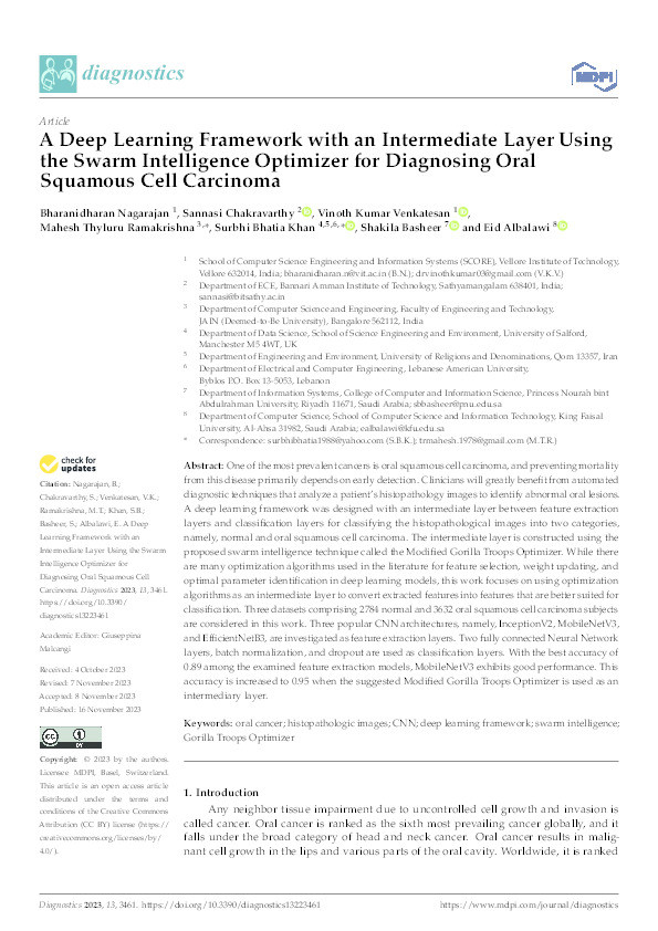 A Deep Learning Framework with an Intermediate Layer Using the Swarm Intelligence Optimizer for Diagnosing Oral Squamous Cell Carcinoma Thumbnail