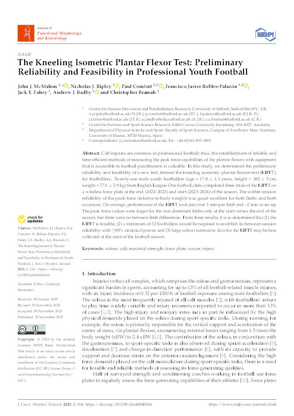 The Kneeling Isometric Plantar Flexor Test: Preliminary Reliability and Feasibility in Professional Youth Football Thumbnail
