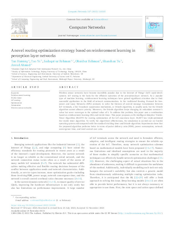 A novel routing optimization strategy based on reinforcement learning in perception layer networks Thumbnail