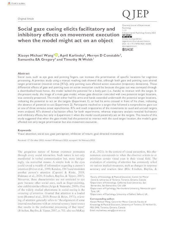 Social gaze cueing elicits facilitatory and inhibitory effects on movement execution when the model might act on an object Thumbnail