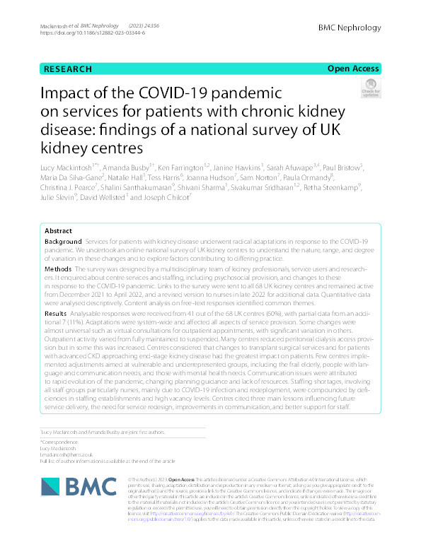 Impact of the COVID-19 pandemic on services for patients with chronic kidney disease: findings of a national survey of UK kidney centres Thumbnail