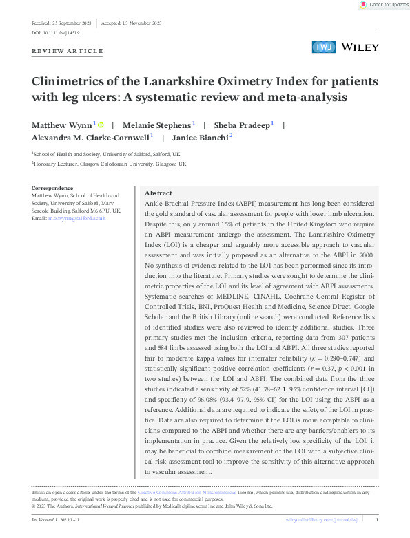 Clinimetrics of the Lanarkshire Oximetry Index for patients with leg ulcers: A systematic review and meta‐analysis Thumbnail