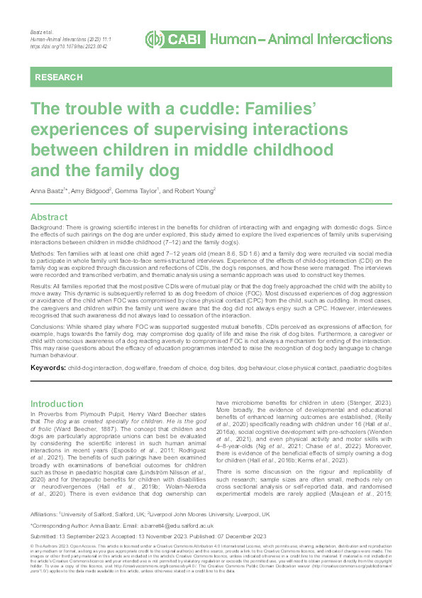 The trouble with a cuddle: Families’ experiences of supervising interactions between children in middle childhood and the family dog Thumbnail
