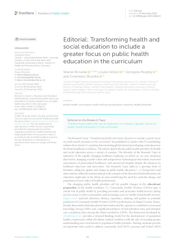 Editorial: Transforming health and social education to include a greater focus on public health education in the curriculum Thumbnail