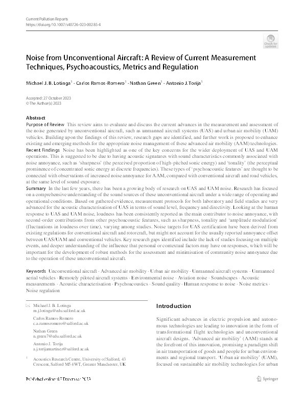 Noise from Unconventional Aircraft: A Review of Current Measurement Techniques, Psychoacoustics, Metrics and Regulation Thumbnail