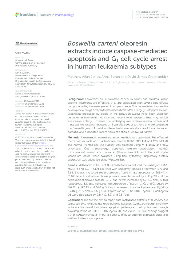 Boswellia carterii oleoresin extracts induce caspase-mediated apoptosis and G 1 cell cycle arrest in human leukaemia subtypes Thumbnail