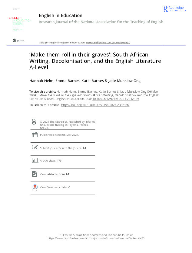 ‘Make them roll in their graves’: South African Writing, Decolonisation, and the English Literature A-Level Thumbnail