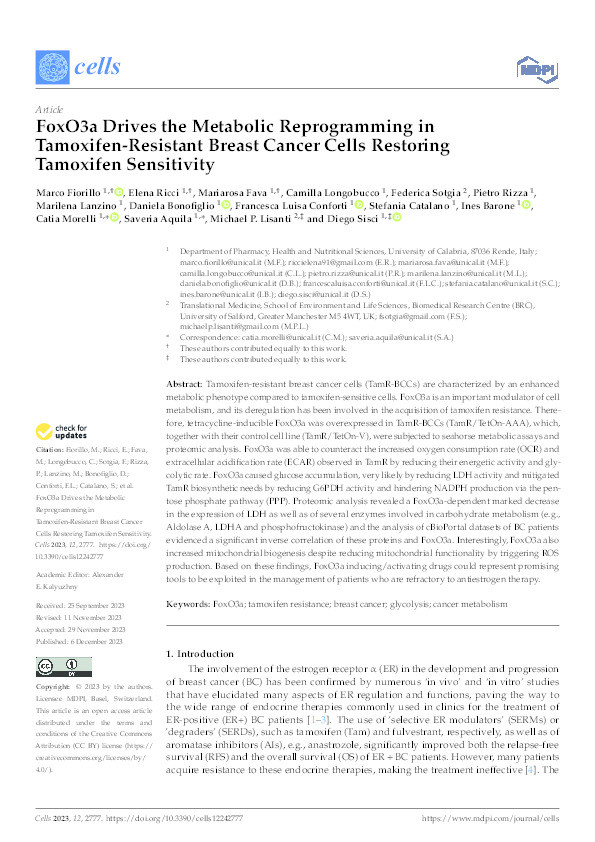 FoxO3a Drives the Metabolic Reprogramming in Tamoxifen-Resistant Breast Cancer Cells Restoring Tamoxifen Sensitivity Thumbnail