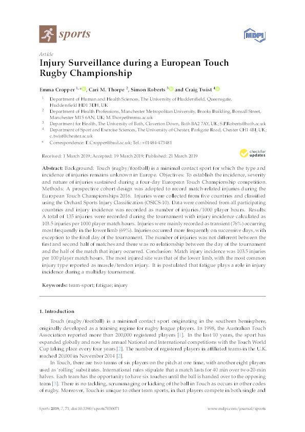 Injury Surveillance during a European Touch Rugby Championship Thumbnail