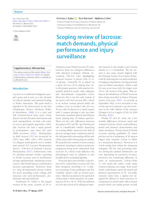 Lacrosse: Match Demands, Physical Performance, and Injury Surveillance a Scoping Review Thumbnail